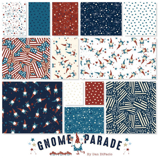 Gnome Parade, Patriotic Fabric Squares Bundle, Charm Pack, Fabric Stacker, Fourth of July, Red, White, Blue, Clothworks, 5 inch squares