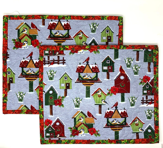 Christmas Placemats, Birds, Cardinals, Birdhouse, Poinsettia, Red, Green, Gray, Mini Quilts, Set of 2, Handmade