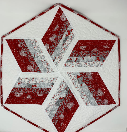 Christmas Star Table Runner Quilt, Hexagon Table Topper, Star Quilt, Red, White, Silver, Handmade