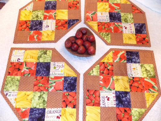 Placemats, Quilted, Set of 4, Red, Yellow, Blue, Tan, Brown, Basket, Banana, Watermelon, Grape, Strawberry, Fruit, Handmade