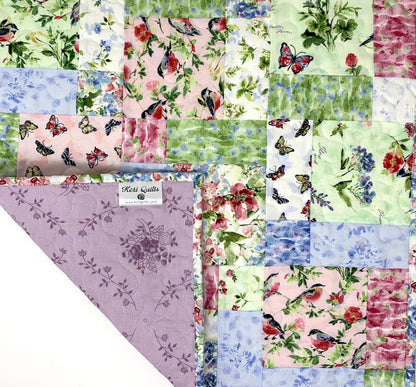 Floral Table Topper Quilt, Spring Quilt, Blue, Green, Pink, butterflies, birds, Handmade