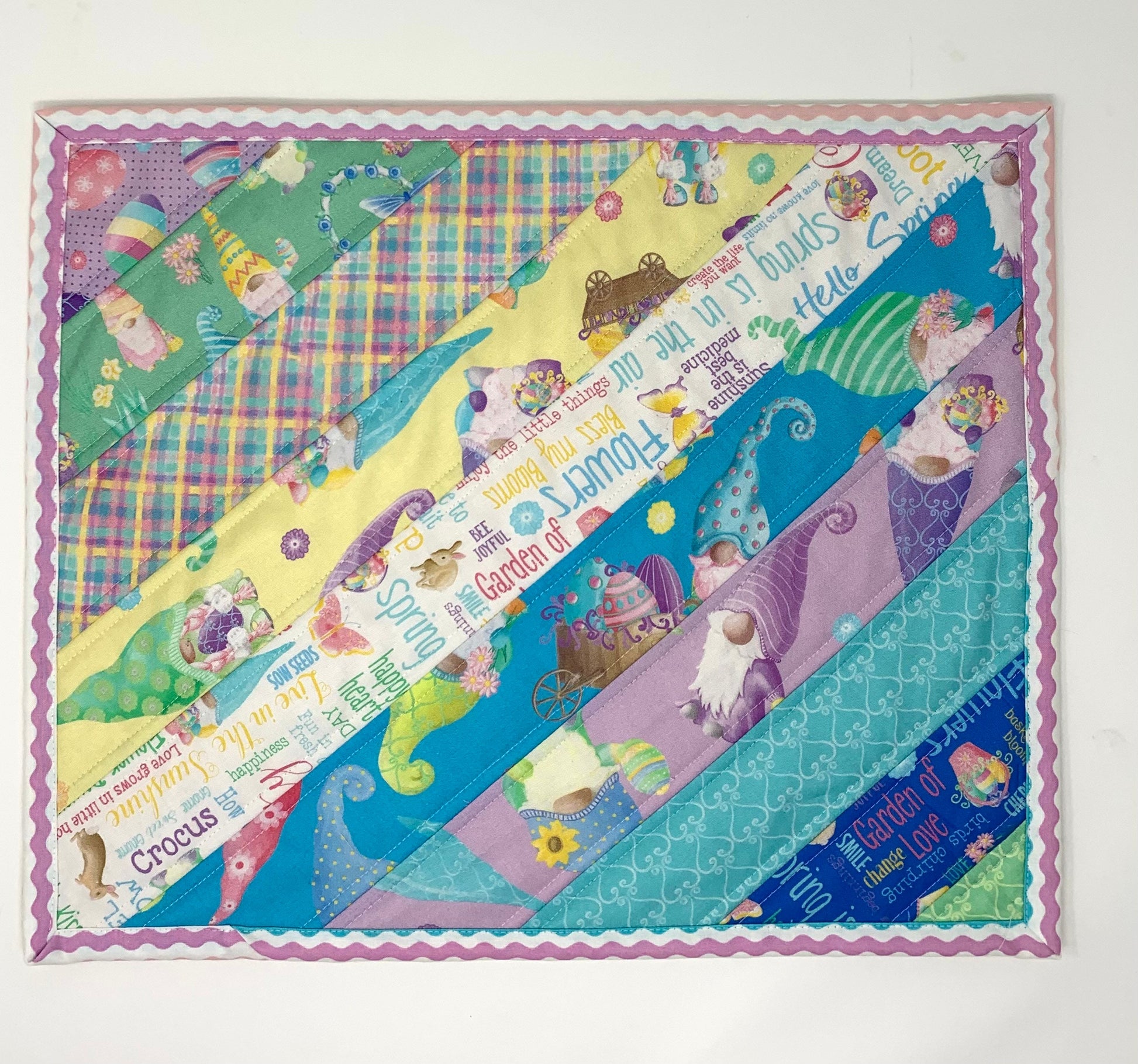 Easter Spring Placemats, Gnomes, Quilts, Set of 4, Easter Eggs, Blue, Yellow, Lavender, Purple