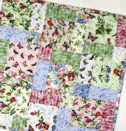 Floral Table Topper Quilt, Spring Quilt, Blue, Green, Pink, butterflies, birds, Handmade