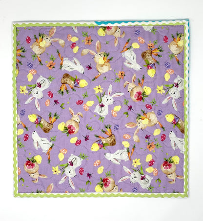 Easter Bunny Spring Placemat, Mug Rug, Snack Mat, Mini Quilt, Carrots, Yellow, Lavender, Purple