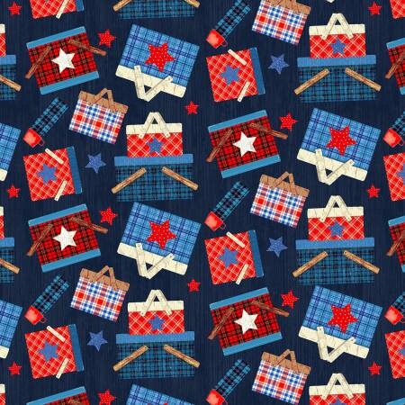 Patriotic Yardage, Patriotic Picnic, Red, White, Blue, Baskets, Henry Glass Fabrics