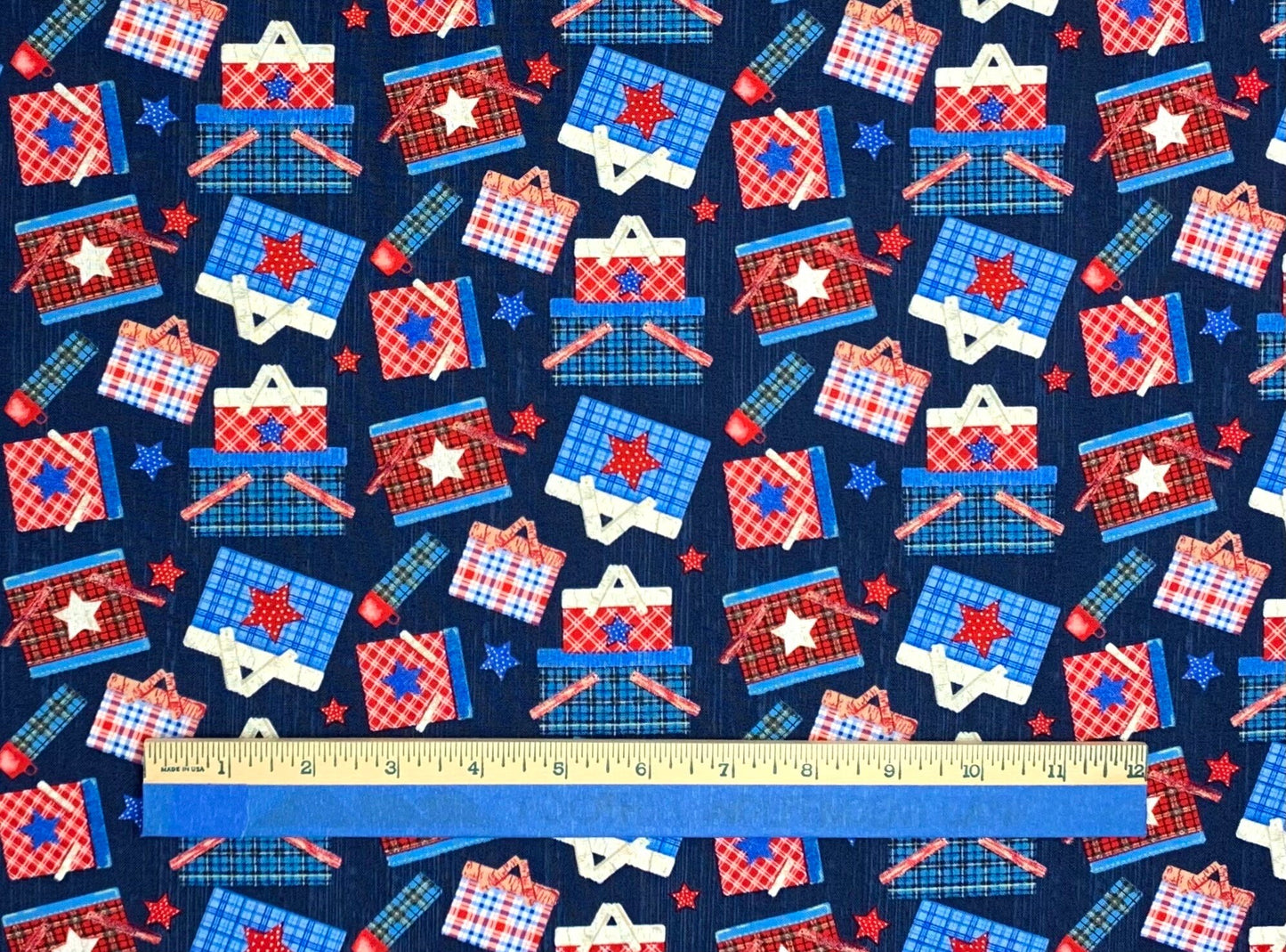 Patriotic Yardage, Patriotic Picnic, Red, White, Blue, Baskets, Henry Glass Fabrics