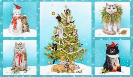 Christmas Fabric Panel, Cats Holiday Fabric, Winter Panel, Holly Jolly Christmas, ChristmasTrees, Robert Kaufman
