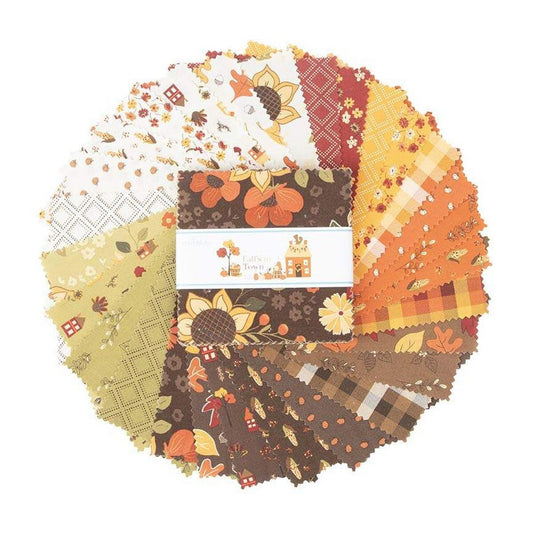 Fall Fabric Squares, Fall's in Town, Brown, Orange, Leaves, 5 inch Stacker, Charm Pack, Riley Blake, 5 inches, 42 squares