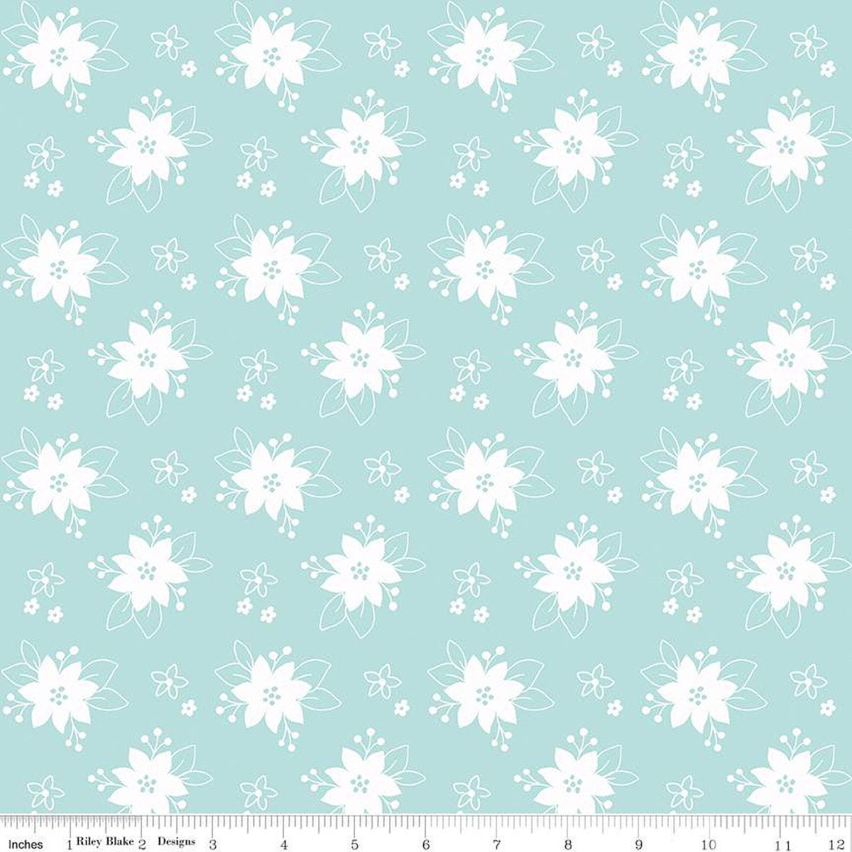 Aqua Floral Yardage, Pixie Noel 2, Christmas Blue Yardage, Riley Blake, Fabric Yardage