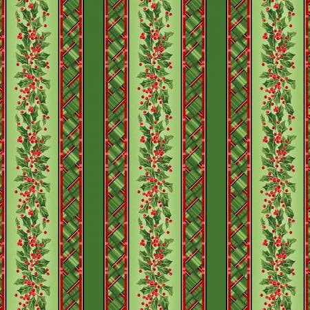 Green Christmas Stripe Yardage, Evergreen Bows, Metallic Holly, Maywood Studio, Fabric Yardage