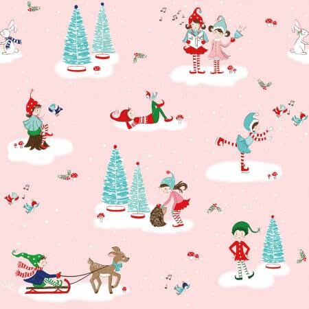 Christmas Pink Yardage, Pixie Noel 2, Elves, Riley Blake, Fabric Yardage