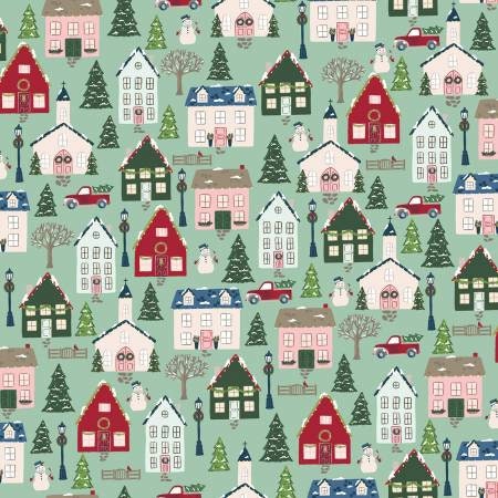 Christmas Village Yardage, Main Seaglass Green, Houses, Riley Blake, Katherine Lenius, Fabric Yardage