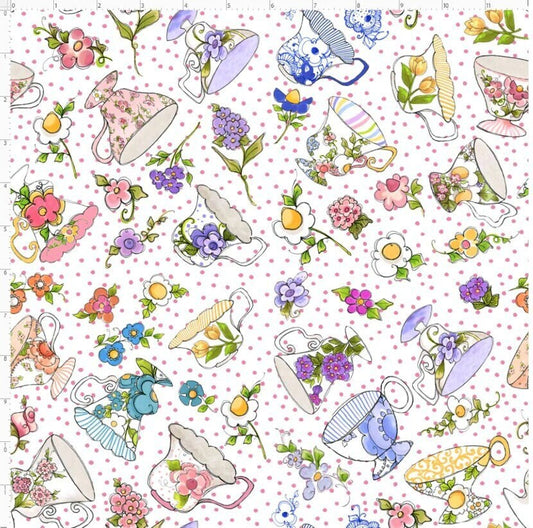 Tea Cups Toss, Flowers, Pink, Blue, Loralie Desisgns, Yardage, 692521