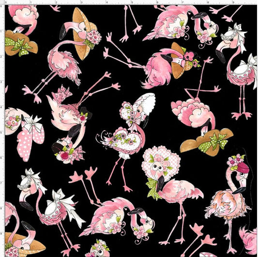 Tossed Flamingoes, Pink Flowers, Black Background, Loralie Desisgns, Yardage, 692329