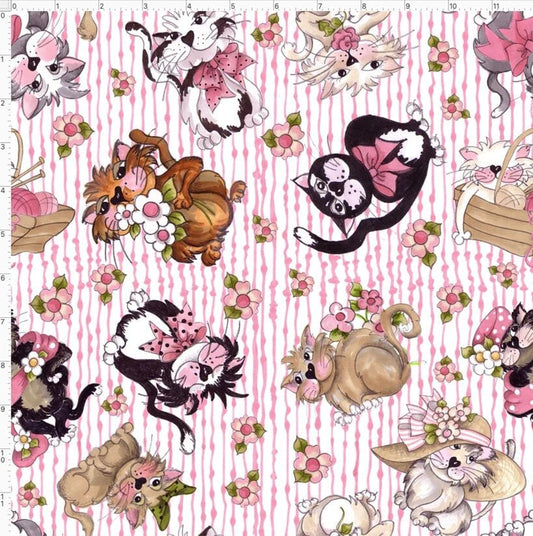 Pink Cats, Tossed Fancy Cats, Pink Black Background, Loralie Desisgns, Yardage, 692471