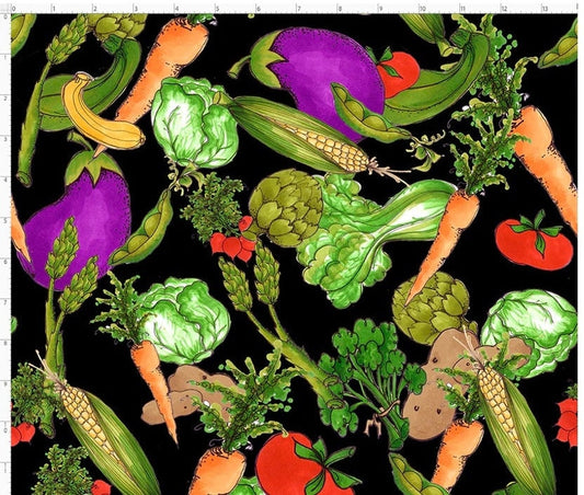 Vegetables, Veggie Jungle, Black Background, Loralie Designs, Yardage, 692623
