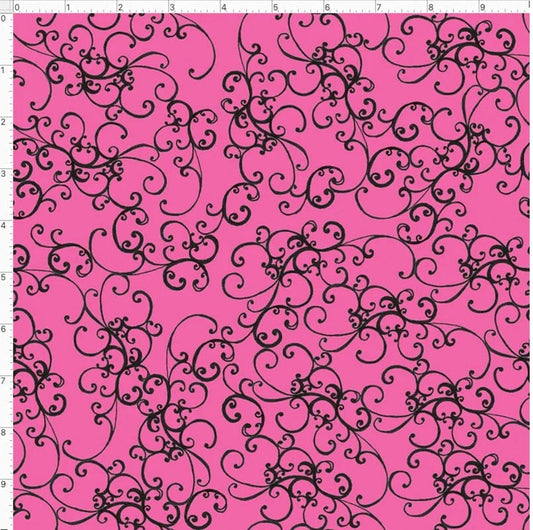 Pink Black Scroll, Loralie Desisgns, Elegant Scroll in Pink Cotton Fabric, Yardage, 692484