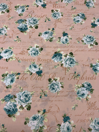Ruru Bouquet Sweet Rose 1, Dusty Pink, Blue, Quilt Gate, Yardage, Roses, RU2330-13B
