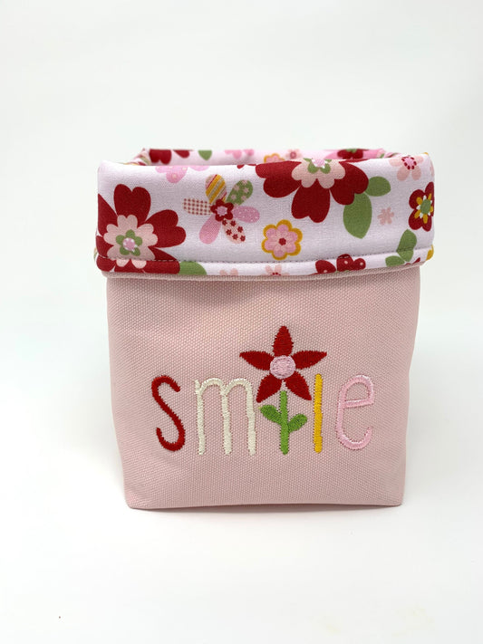 Fabric Bag, Basket, Reusable, Tissue Box Holder, Floral, Smile Basket, Red, Pink, Handmade