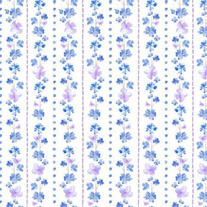 Hydrangea Stripe Cotton Fabric: Purple Blue Floral Print