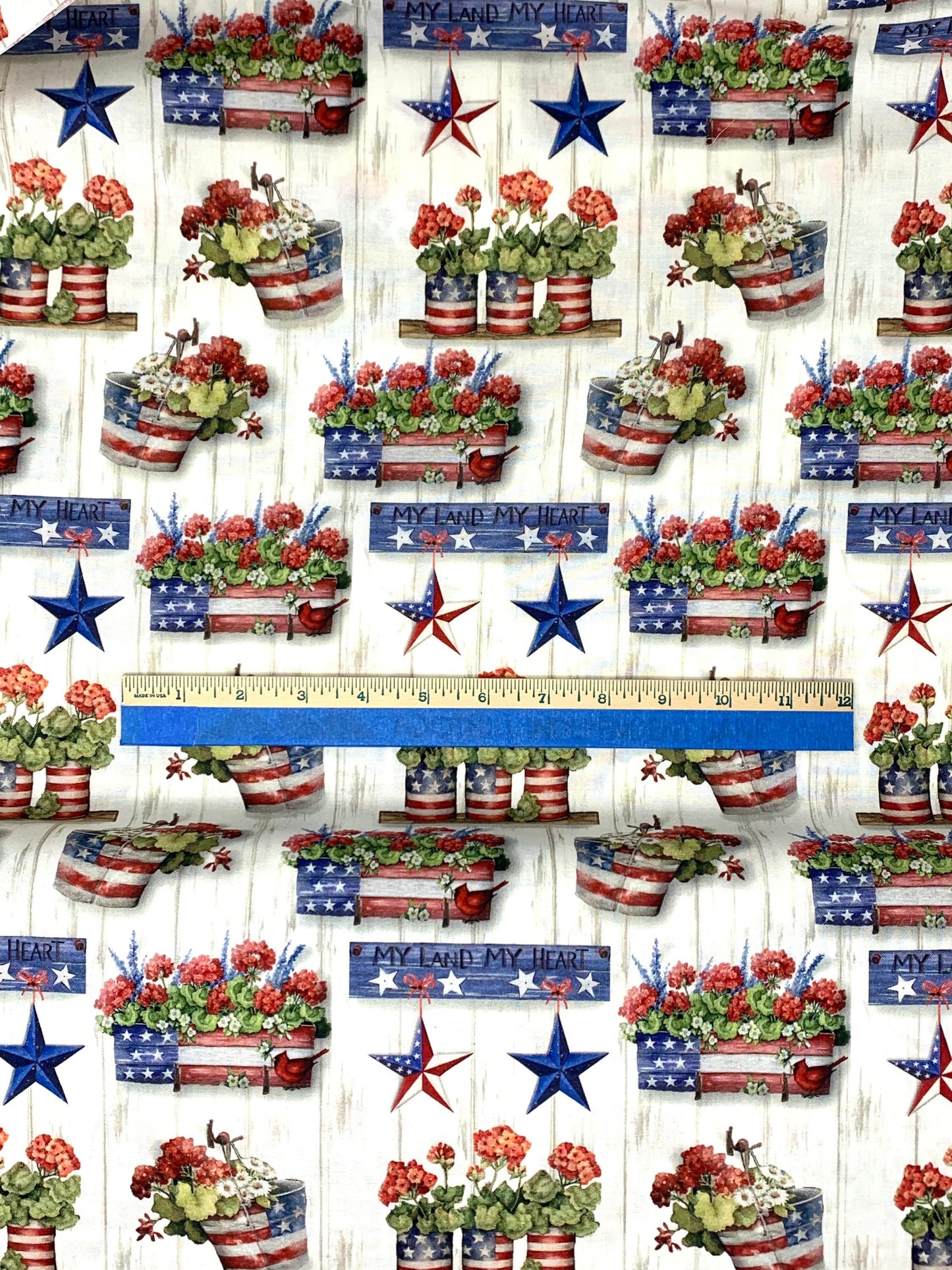 Patriotic Fabric Yardage, Americana, stars, geraniums, flower box, Susan Winget Collection