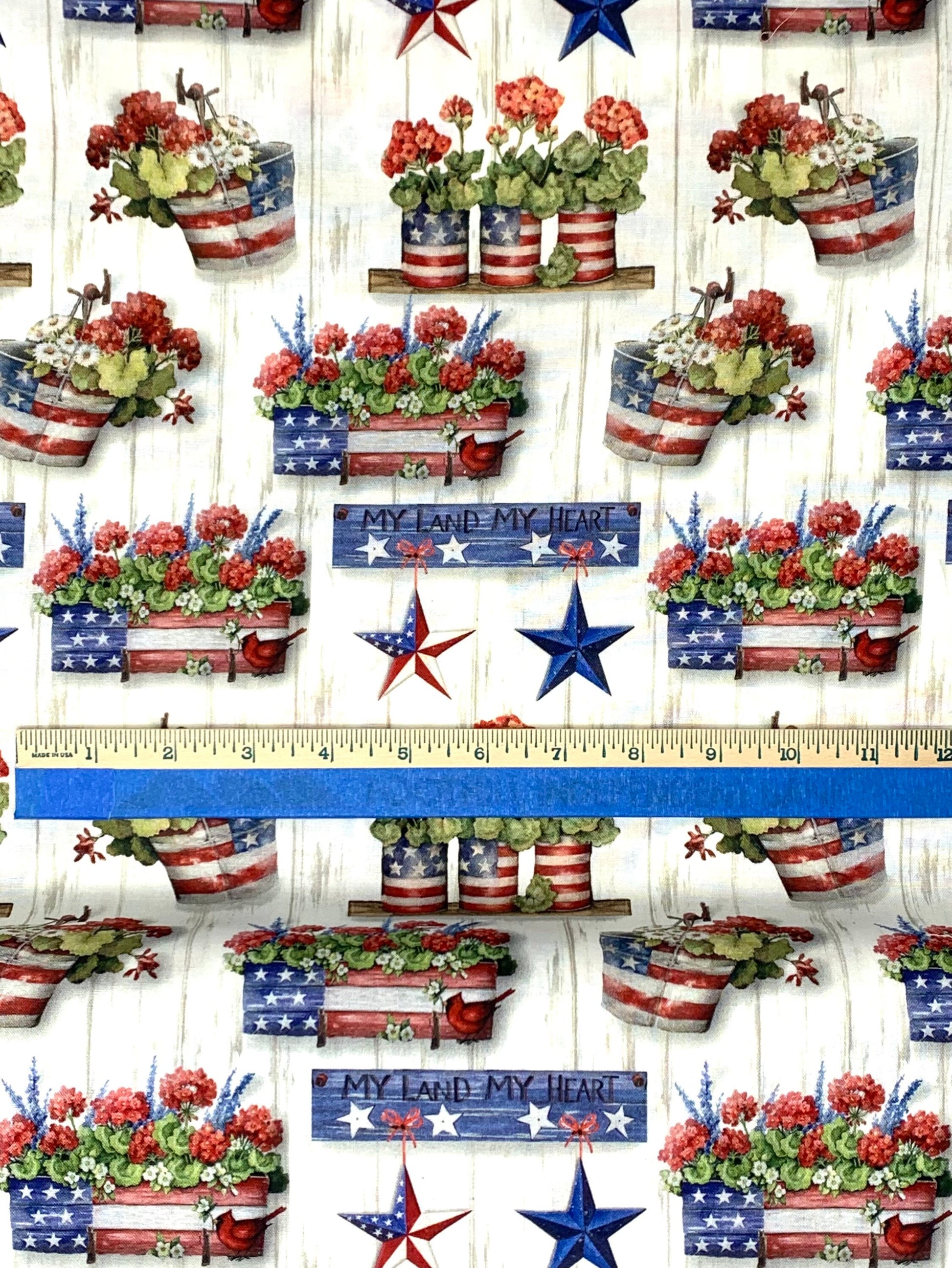 Patriotic Fabric Yardage, Americana, stars, geraniums, flower box, Susan Winget Collection