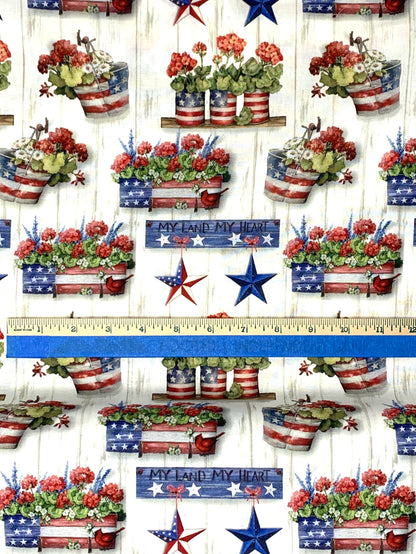Patriotic Fabric Yardage, Americana, stars, geraniums, flower box, Susan Winget Collection
