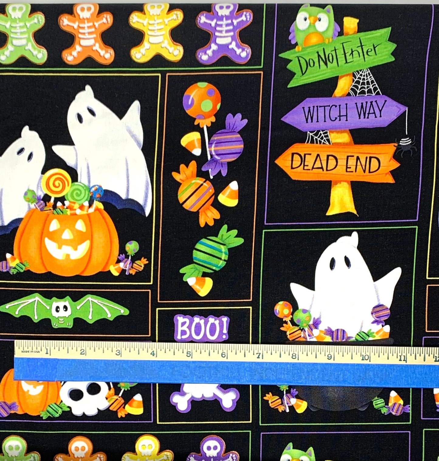 Halloween Yardage, Glow Ghost Glow in the Dark fabric, Pumpkins, Henry Glass, Black, Orange, Purple