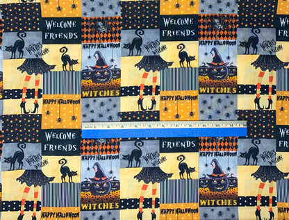 Halloween fabric yardage, Welcome Friends, cats, spiders, witches shoes, Happy Halloween, 766861100715