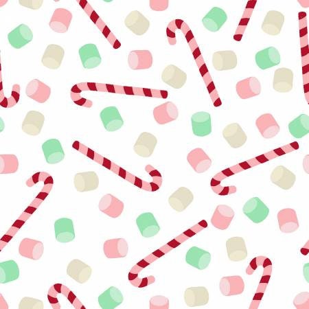 Christmas Fabric Panel, White Candy and Marshmallows, Snow and Hot Cocoa, Candy Canes, Red, Green, White,19541-WHT