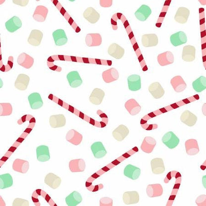 Christmas Fabric Panel, White Candy and Marshmallows, Snow and Hot Cocoa, Candy Canes, Red, Green, White,19541-WHT