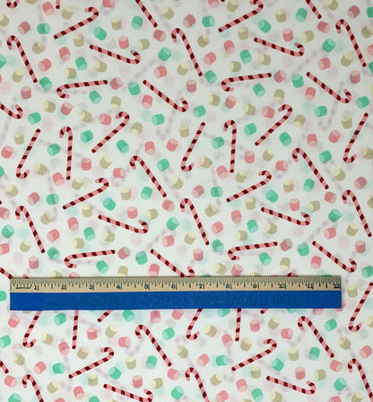 Christmas Fabric Panel, White Candy and Marshmallows, Snow and Hot Cocoa, Candy Canes, Red, Green, White,19541-WHT