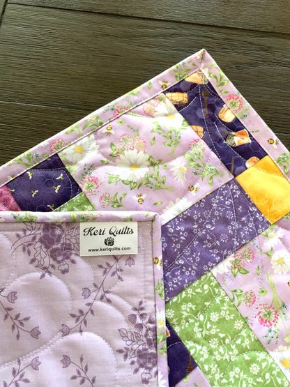 Floral Table Topper Quilt, Purple, Lavender, Green, White, Daisies, Bees, Handmade