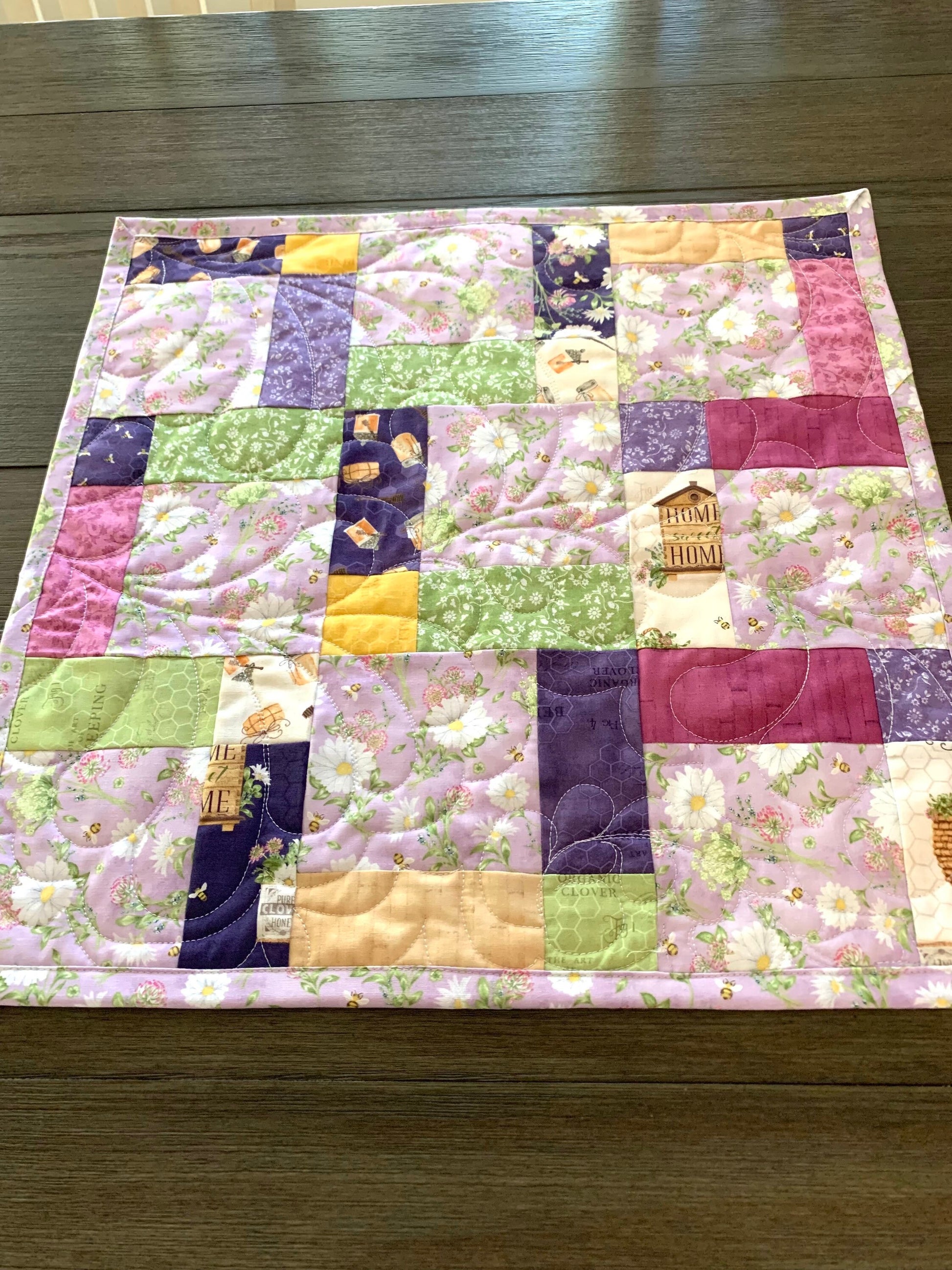 Floral Table Topper Quilt, Purple, Lavender, Green, White, Daisies, Bees, Handmade