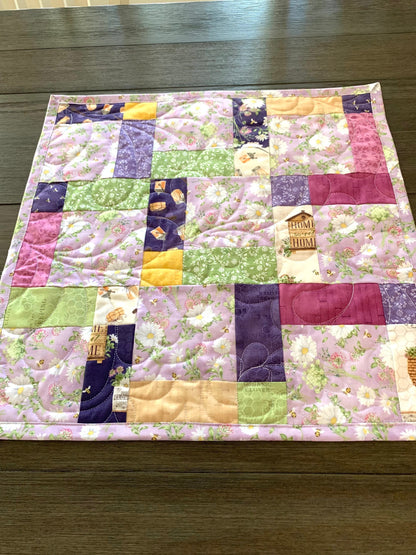 Floral Table Topper Quilt, Purple, Lavender, Green, White, Daisies, Bees, Handmade