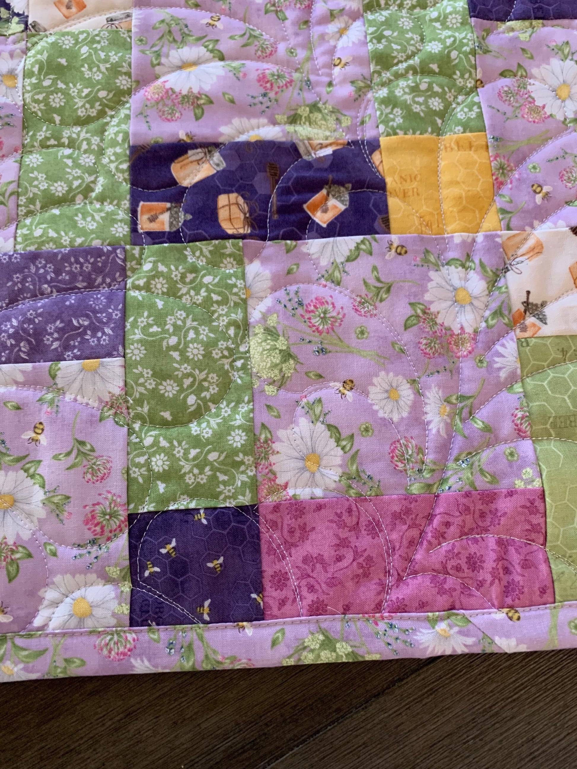 Floral Table Topper Quilt, Purple, Lavender, Green, White, Daisies, Bees, Handmade