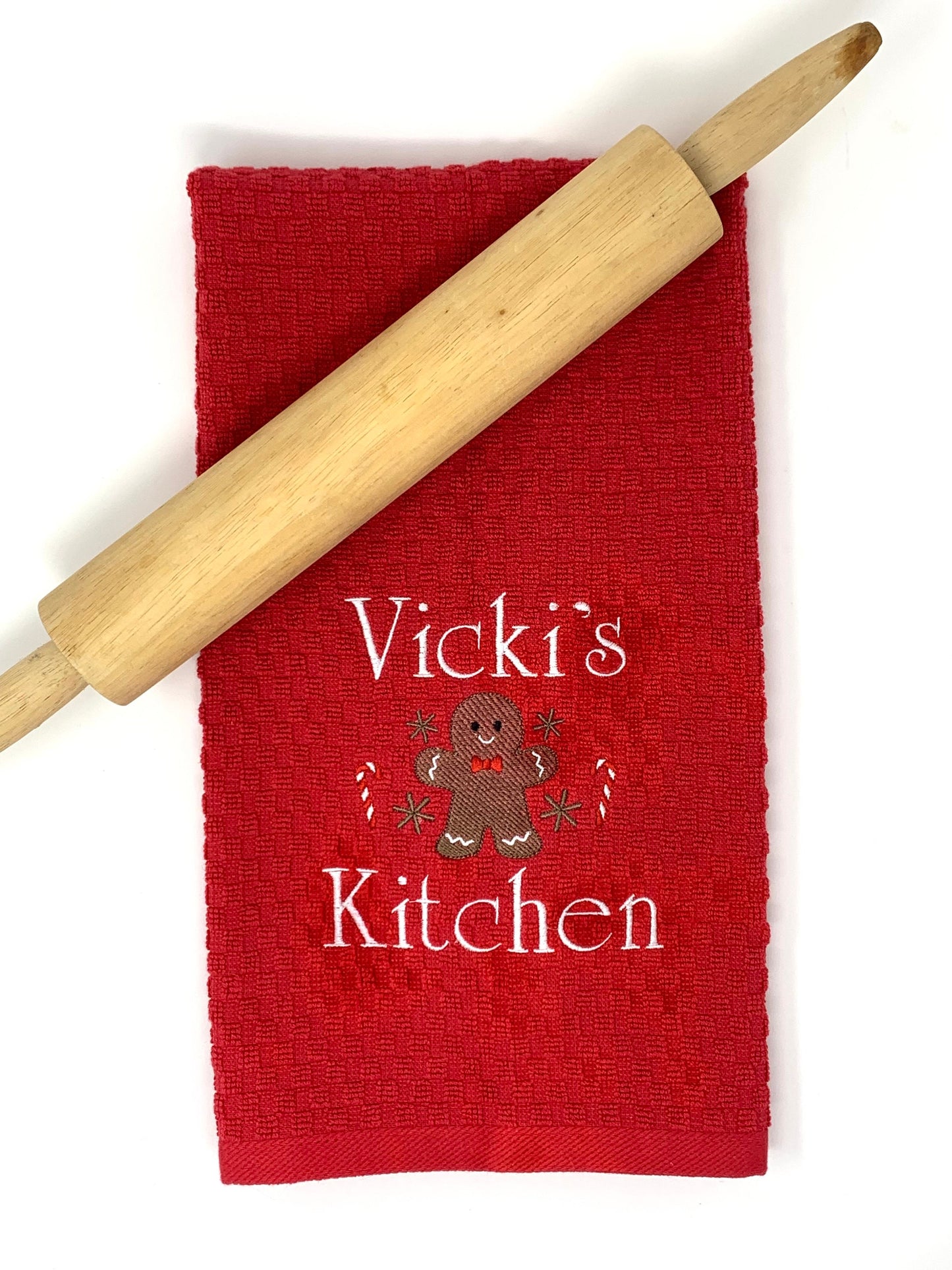 Personalized Christmas Towel, Red Kitchen Towel Gift, Christmas Gift, Gingerbread Towel, Personalized Gift, Embroidered Towel