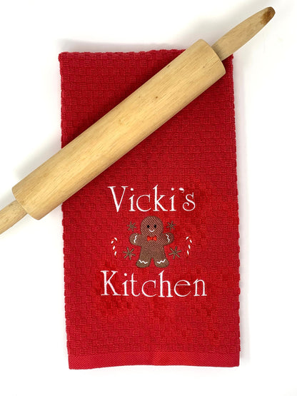 Personalized Christmas Towel, Red Kitchen Towel Gift, Christmas Gift, Gingerbread Towel, Personalized Gift, Embroidered Towel