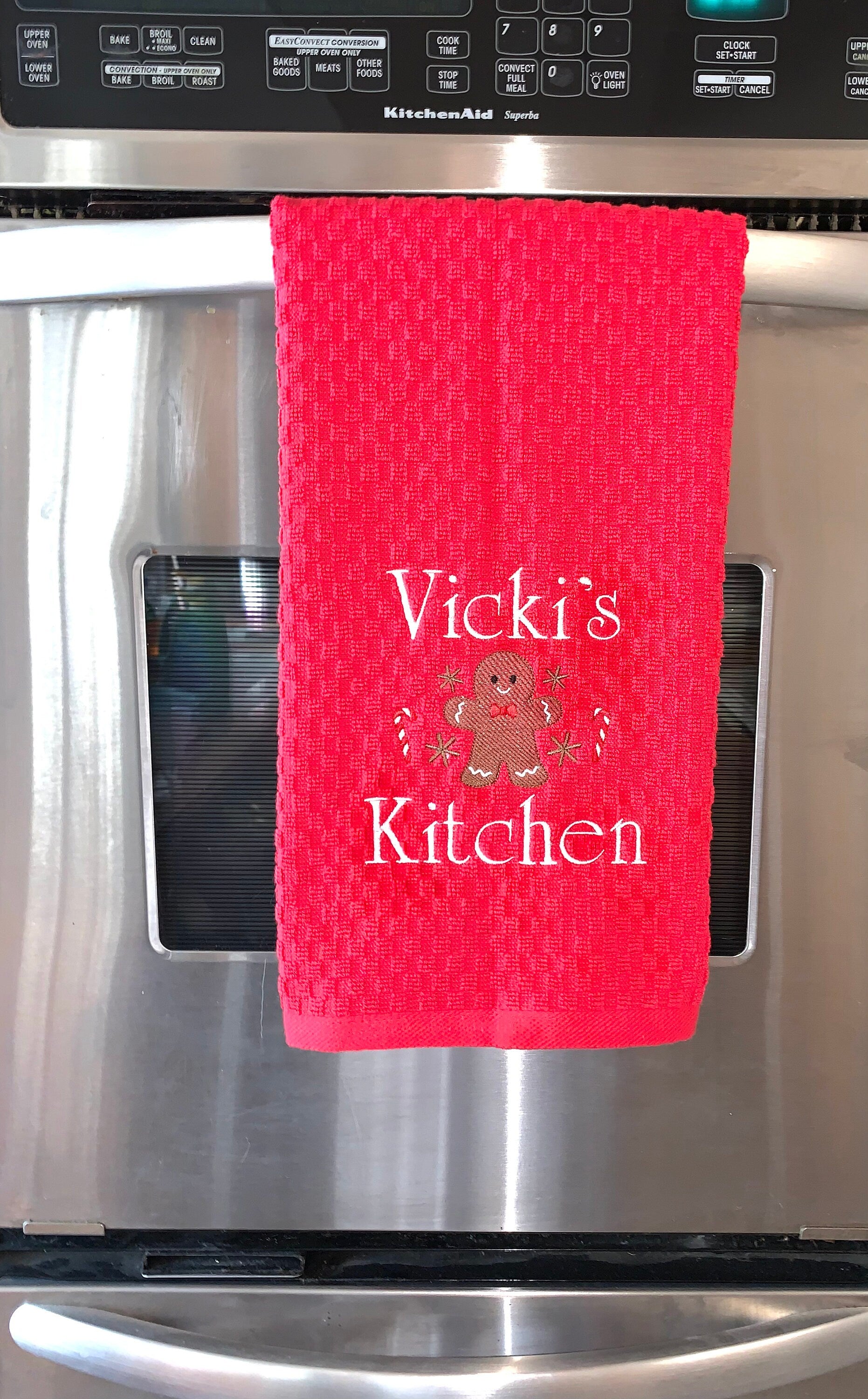 Personalized Christmas Towel, Red Kitchen Towel Gift, Christmas Gift, Gingerbread Towel, Personalized Gift, Embroidered Towel