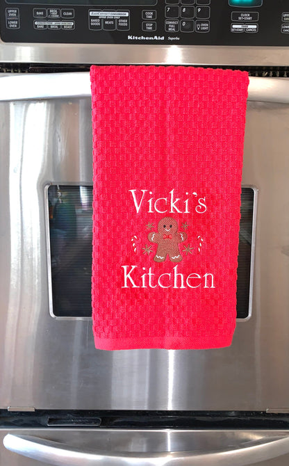 Personalized Christmas Towel, Red Kitchen Towel Gift, Christmas Gift, Gingerbread Towel, Personalized Gift, Embroidered Towel