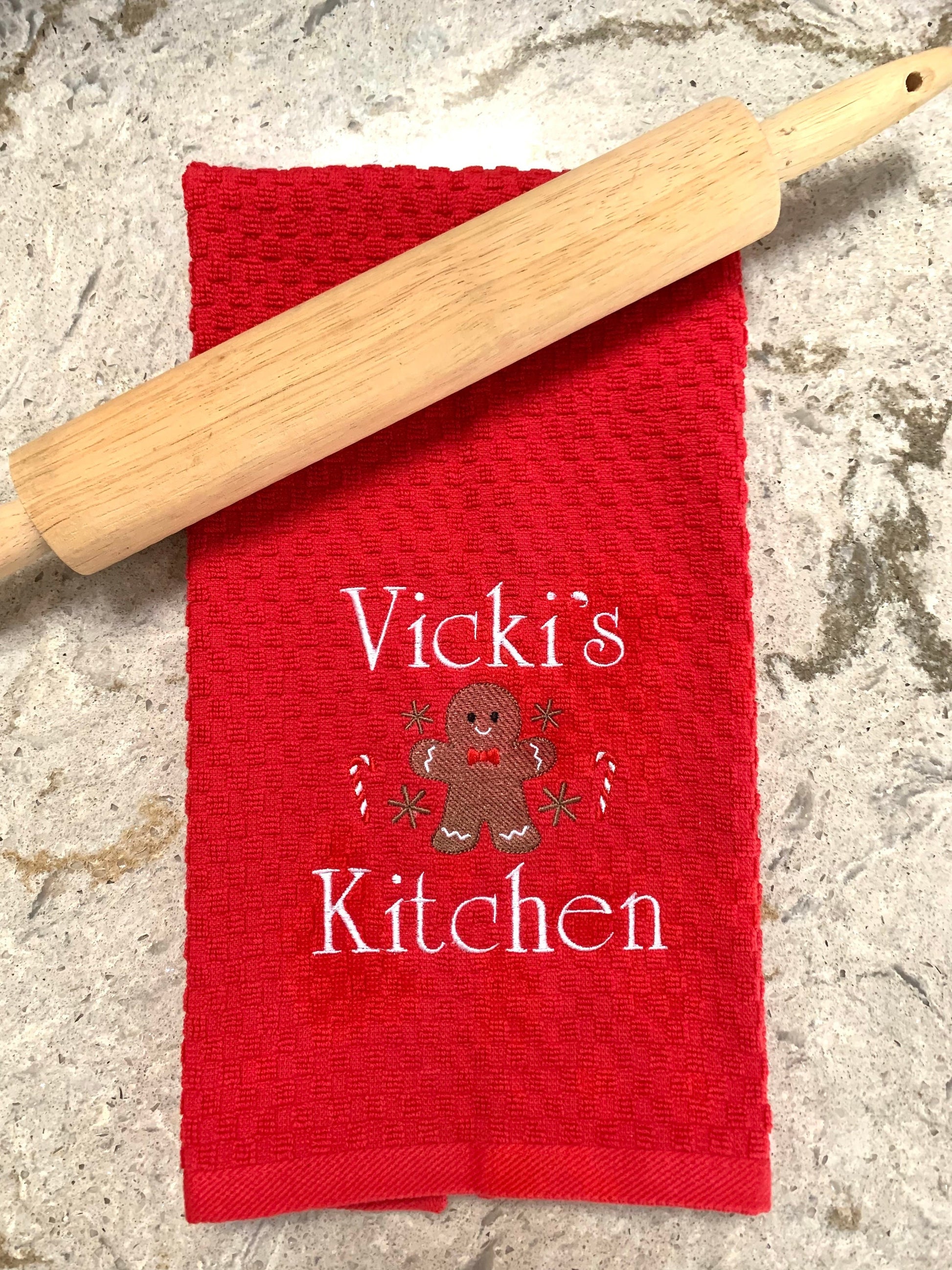 Personalized Christmas Towel, Red Kitchen Towel Gift, Christmas Gift, Gingerbread Towel, Personalized Gift, Embroidered Towel