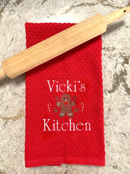Personalized Christmas Towel, Red Kitchen Towel Gift, Christmas Gift, Gingerbread Towel, Personalized Gift, Embroidered Towel