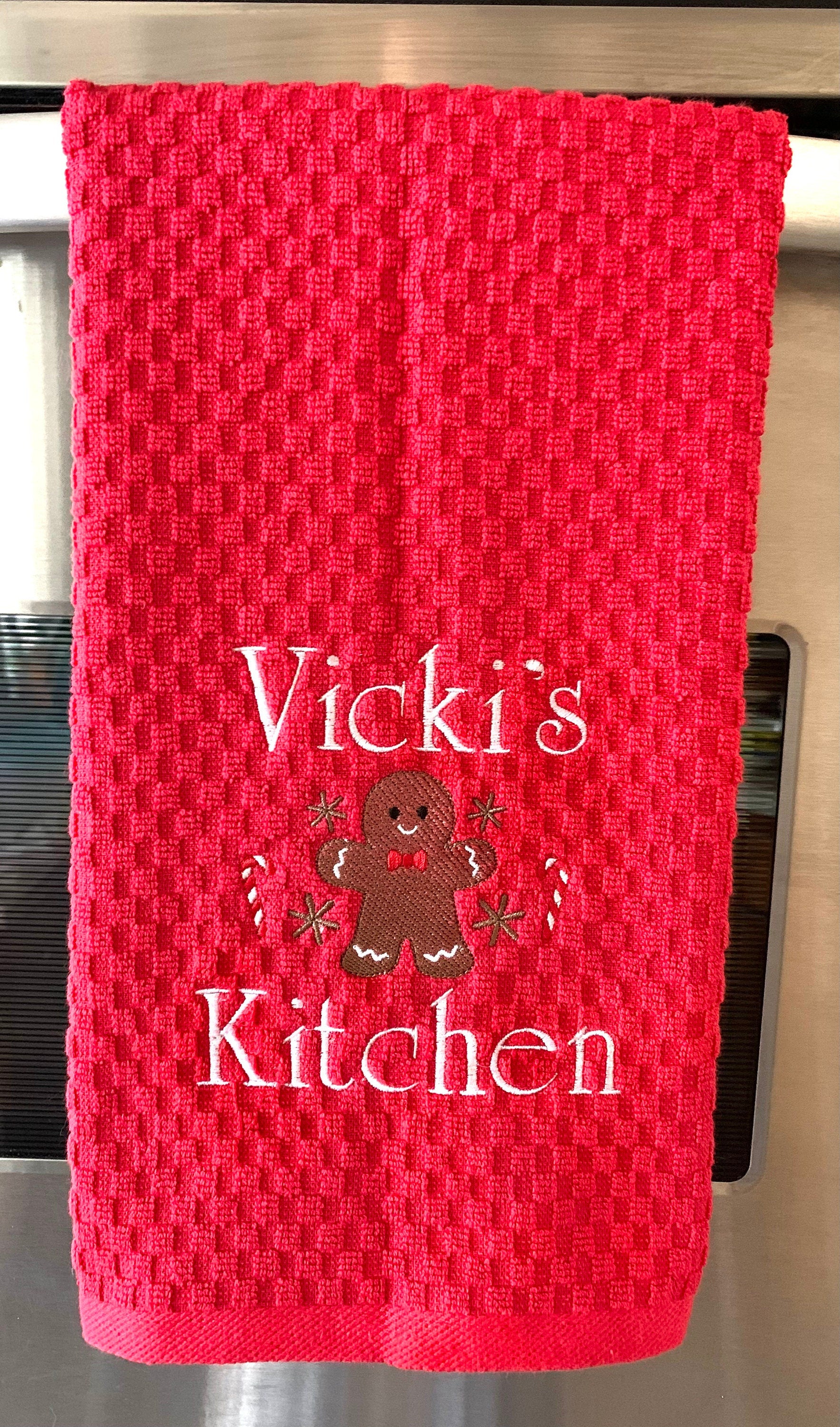 Personalized Christmas Towel, Red Kitchen Towel Gift, Christmas Gift, Gingerbread Towel, Personalized Gift, Embroidered Towel