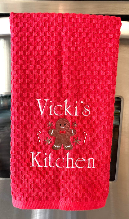 Personalized Christmas Towel, Red Kitchen Towel Gift, Christmas Gift, Gingerbread Towel, Personalized Gift, Embroidered Towel