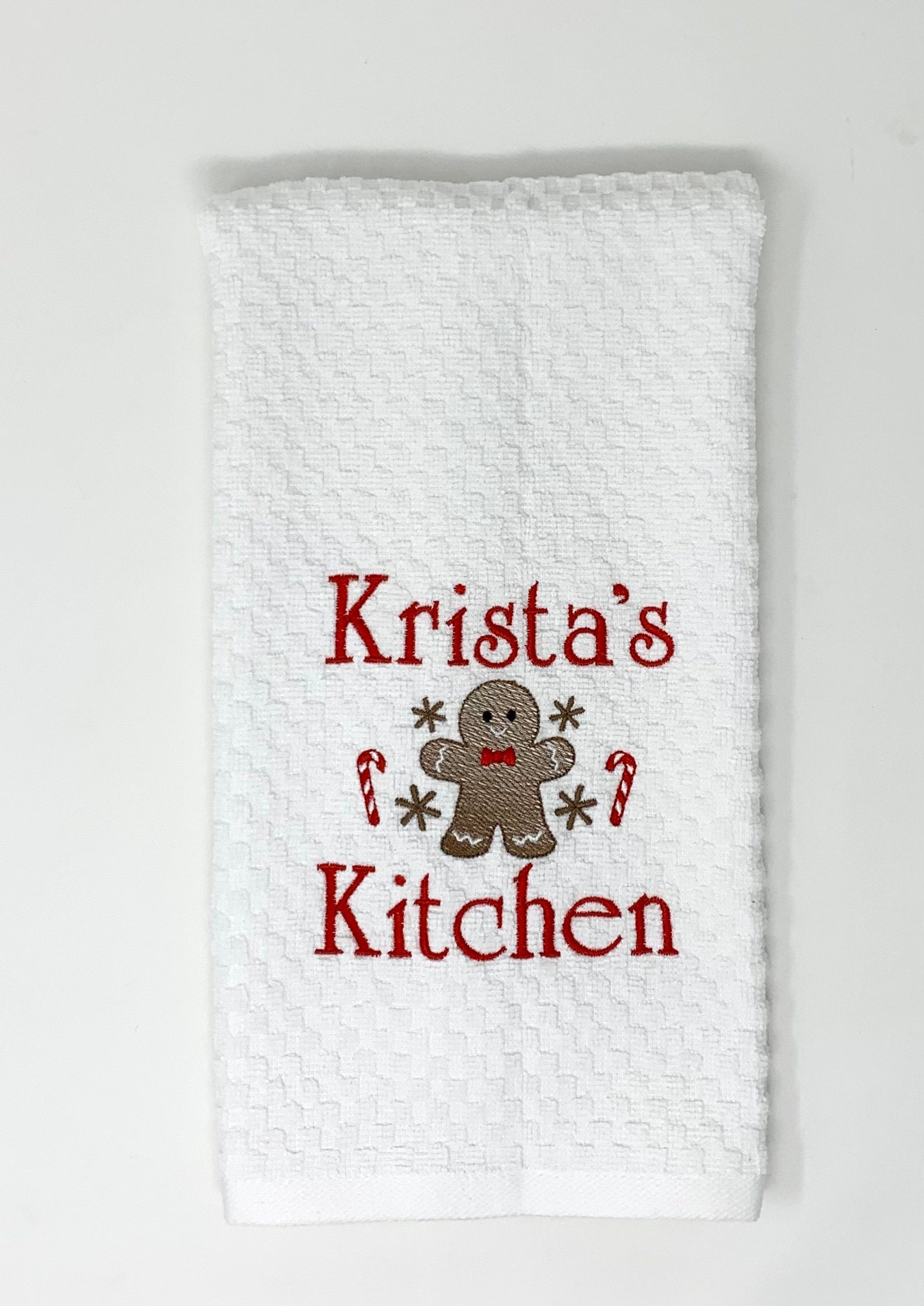 Personalized Christmas Towel, White Kitchen Towel Gift, Christmas Gift, Gingerbread Towel, Personalized Gift, Embroidered Towel