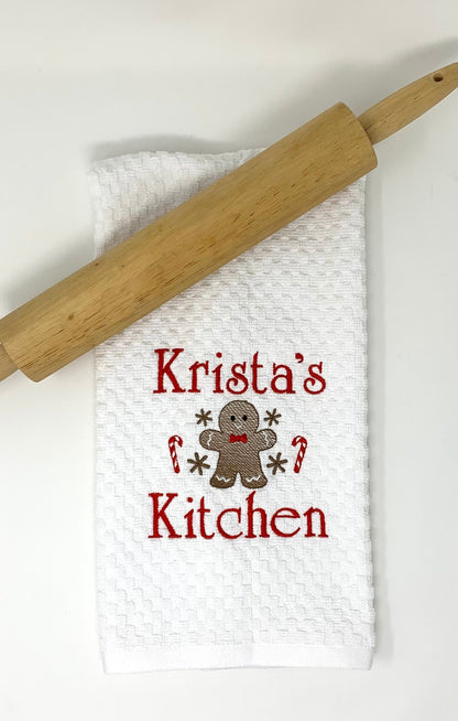 Personalized Christmas Towel, White Kitchen Towel Gift, Christmas Gift, Gingerbread Towel, Personalized Gift, Embroidered Towel