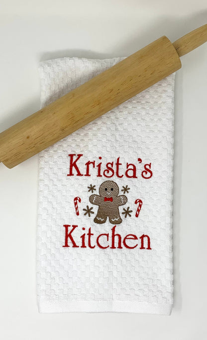 Personalized Christmas Towel, White Kitchen Towel Gift, Christmas Gift, Gingerbread Towel, Personalized Gift, Embroidered Towel
