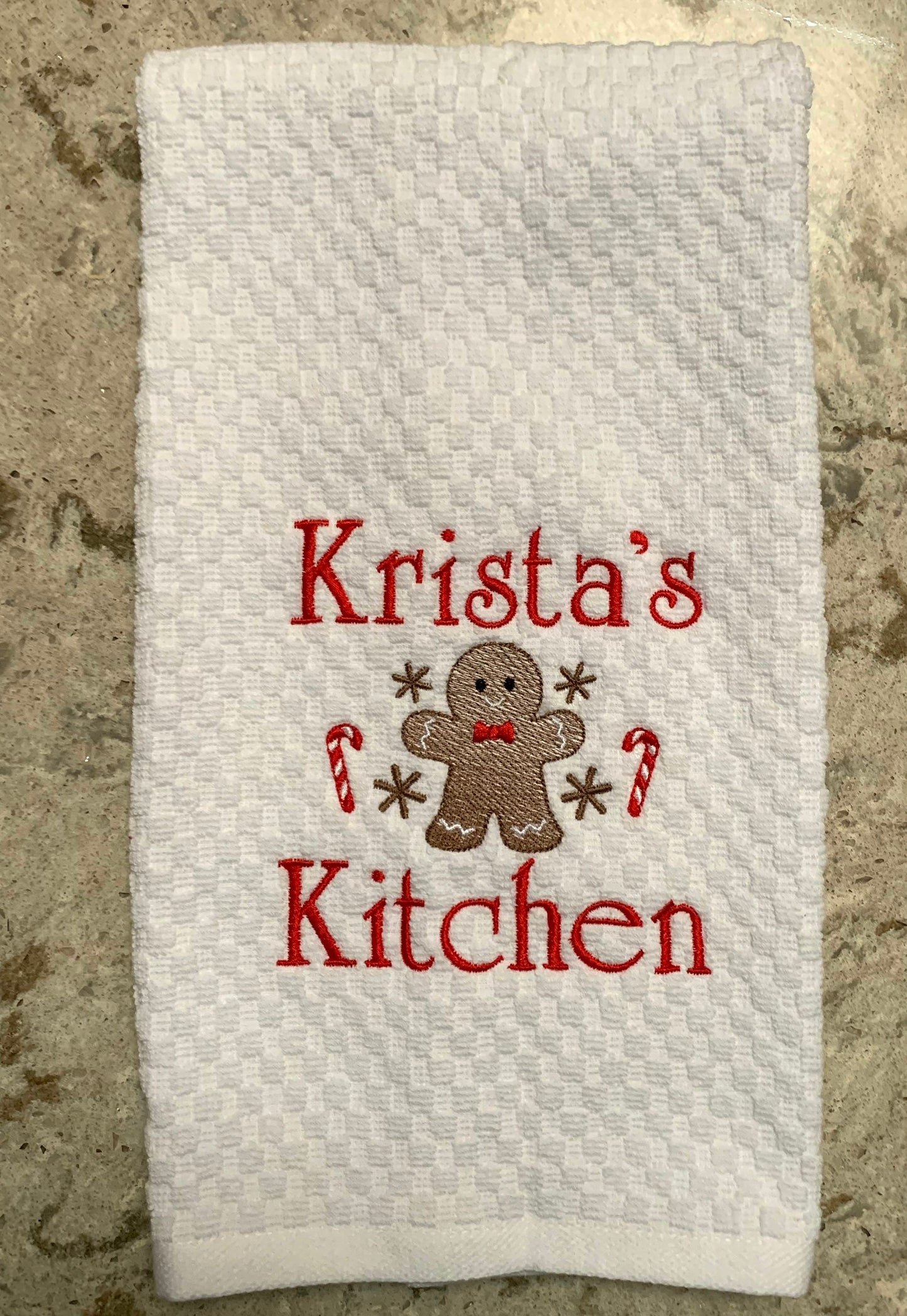Personalized Christmas Towel, White Kitchen Towel Gift, Christmas Gift, Gingerbread Towel, Personalized Gift, Embroidered Towel