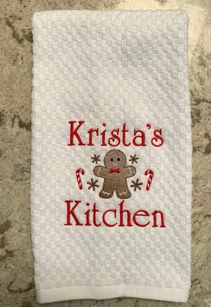 Personalized Christmas Towel, White Kitchen Towel Gift, Christmas Gift, Gingerbread Towel, Personalized Gift, Embroidered Towel