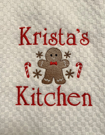 Personalized Christmas Towel, White Kitchen Towel Gift, Christmas Gift, Gingerbread Towel, Personalized Gift, Embroidered Towel